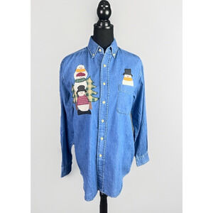 VTG Denim Christmas Shirt Embroidered Snowman Button Down Womens Sz S Holiday